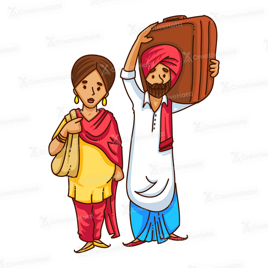 Punjabi man is with his wife and holding suitcase