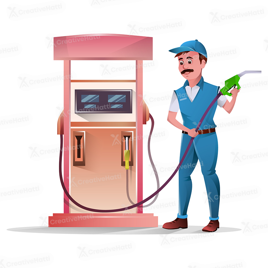 Pump attendant is holding petrol pipe in hands Pump attendant is holding petrol pipe in hands