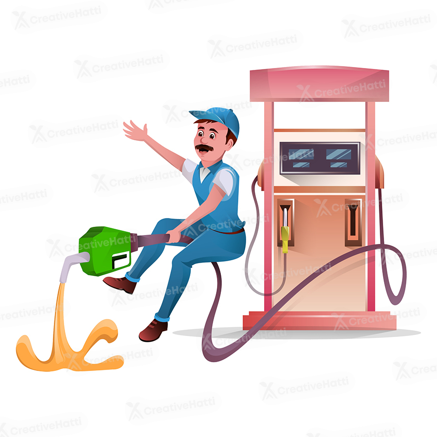 Pump attendant is sitting on petrol pump pipe