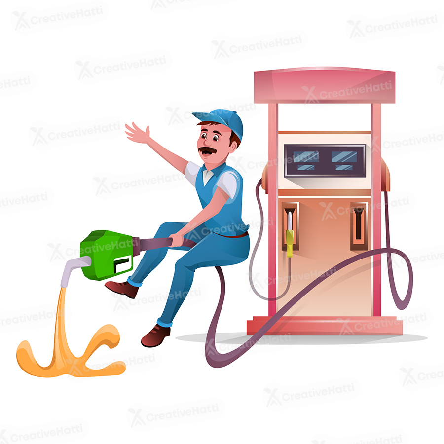 Pump attendant is sitting on petrol pump pipe Pump attendant is sitting on petrol pump pipe