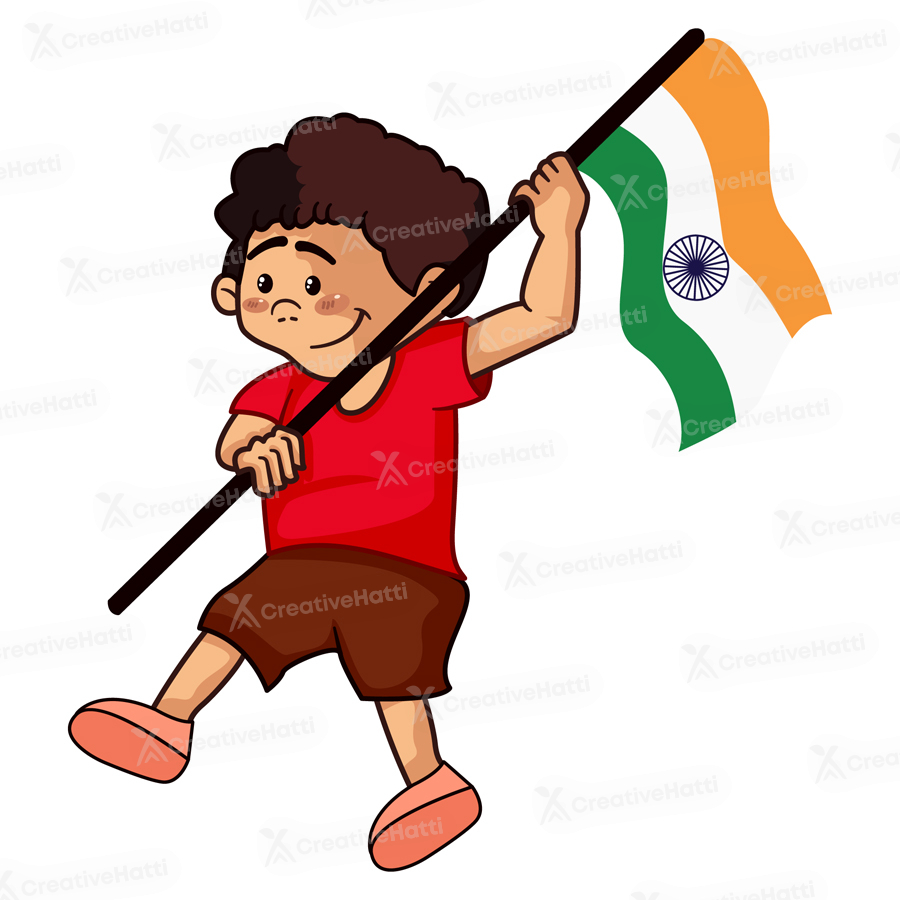 Illustration of indian boy running with Indian flag
